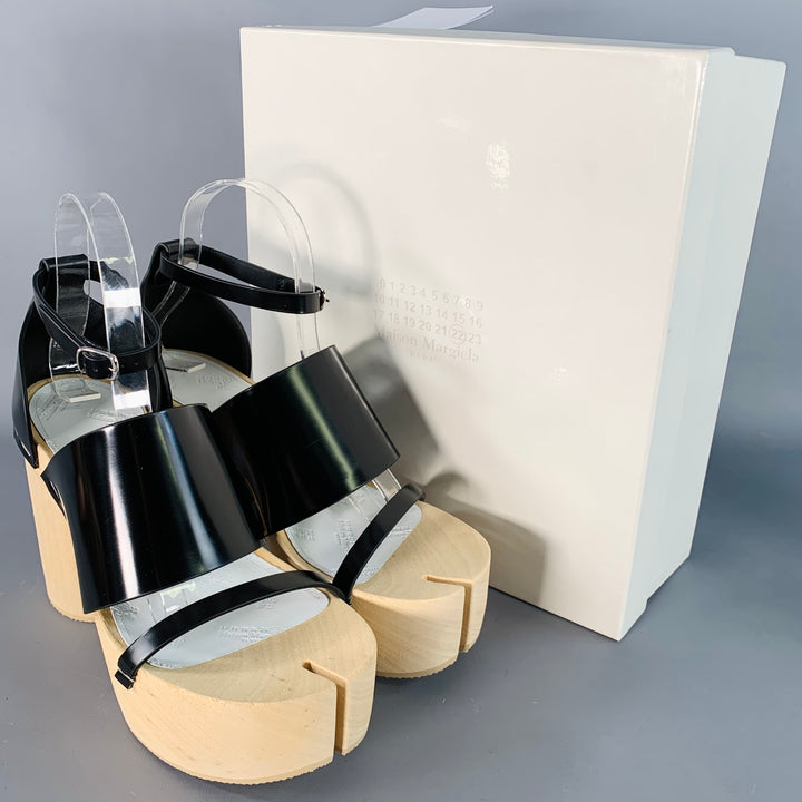 MAISON MARGIELA Size 9 Black Natural Leather Wood Platform Tabi Sandals
