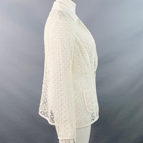 ESCADA Taille XL Veste/Blazer en maille géométrique de mélange de coton blanc