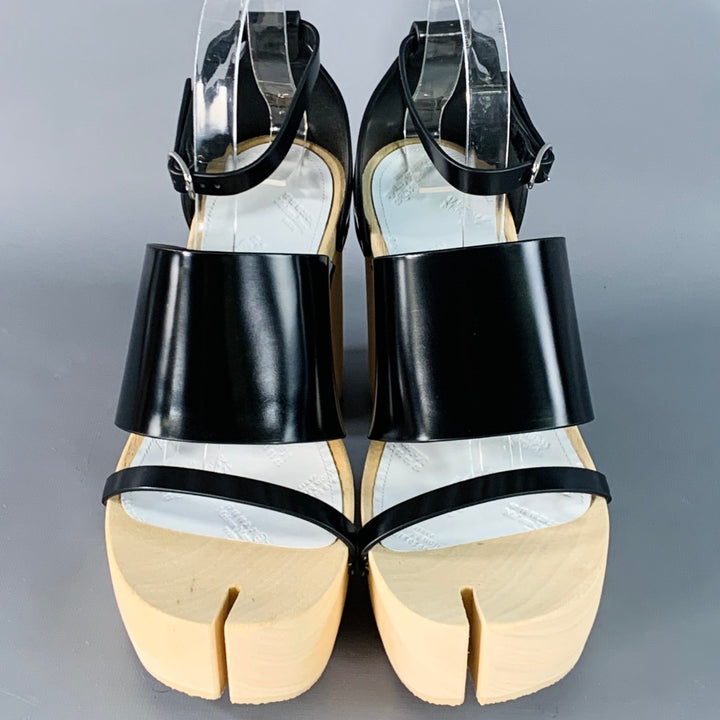 MAISON MARGIELA Size 9 Black Natural Leather Wood Platform Tabi Sandals