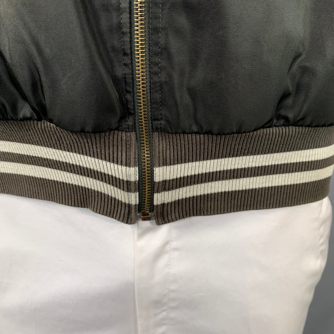 DOLCE & GABBANA Size L Black Brown Cream Nylon Zip Up Bomber Jacket