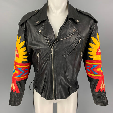 NORTH BEACH LEATHER x MICHAEL HOBAN Size 42 Black Applique Leather Biker Jacket