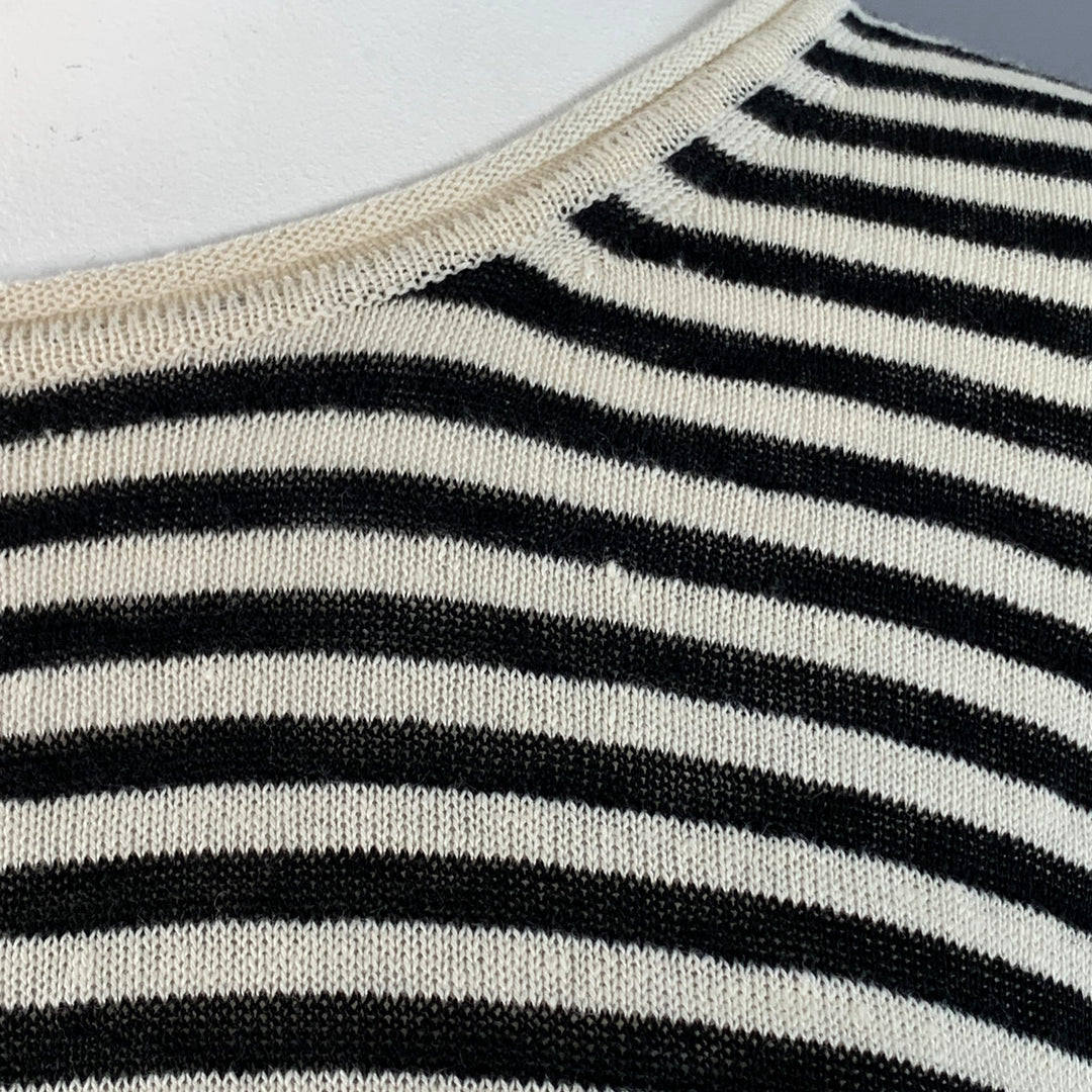 MAX MARA Size L White Black Linen Stripe Boxy Crew Neck Pullover