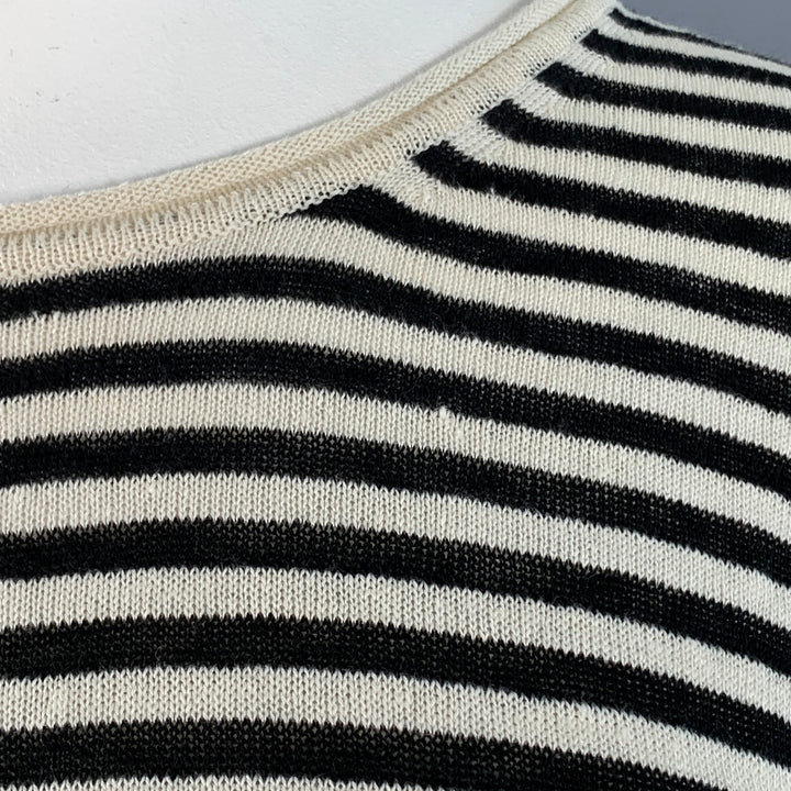 MAX MARA Size L White Black Linen Stripe Boxy Crew Neck Pullover