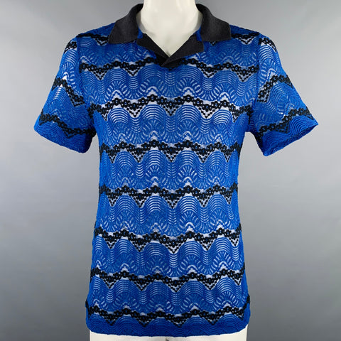 ANDERSSON BELL Size XL Blue Black Lace Open Collar Polo