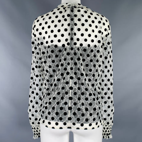 AKRIS Size 4 Off White Black Viscose Blend Polka Dot Collarless Blouse