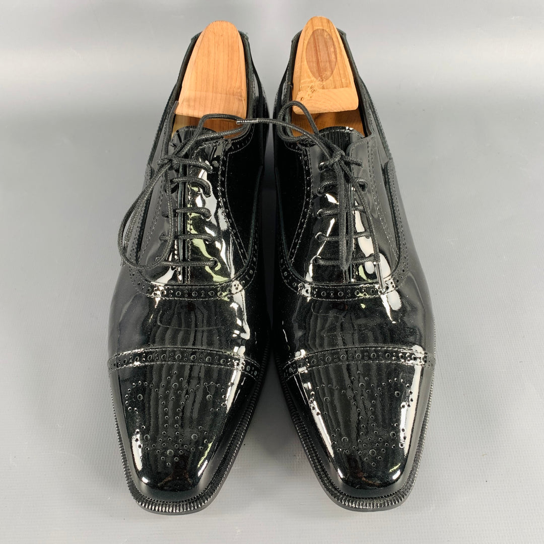 MANOLO BLAHNIK Size 10.5 Black Perforated Patent Leather Cap Toe Shoes