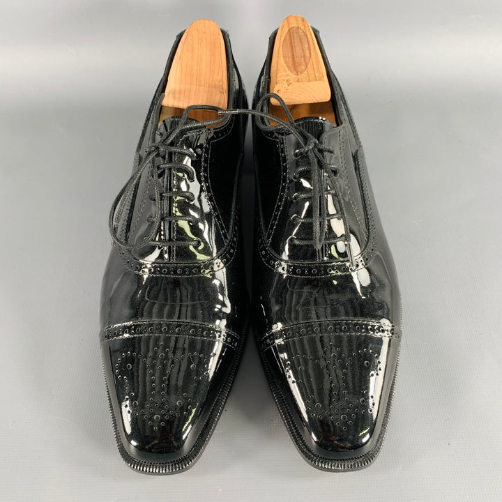 MANOLO BLAHNIK Size 10.5 Black Perforated Patent Leather Cap Toe Shoes