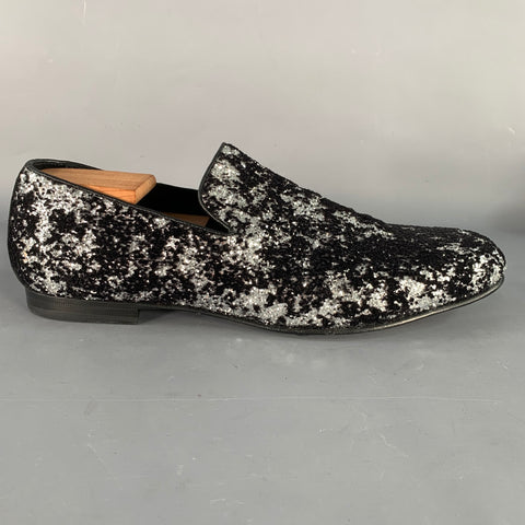 JIMMY CHOO Size 11 Velvet Glitter Devore Sloan Black Silver Slip On Loafers