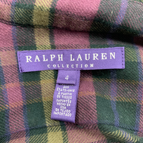 RALPH LAUREN Collection Size 4 Purple & Taupe Plaid Cotton Blouse