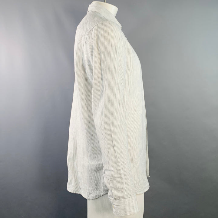 THEORY Size L Irving White Navy Pinstripe Linen Long Sleeve Shirt