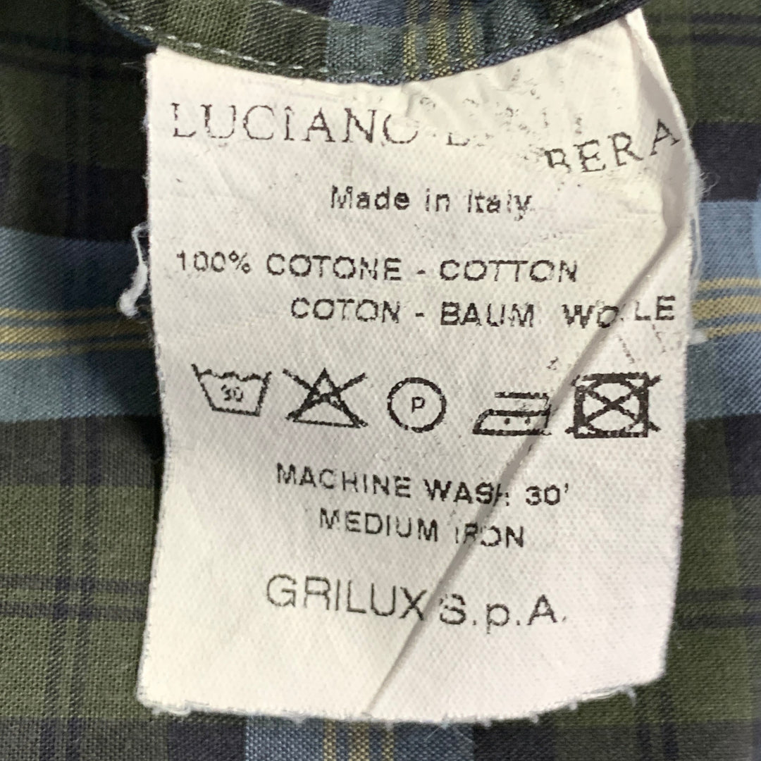 LUCIANO BARBERA Size 44 Blue Olive Plaid Cotton One Pocket Long Sleeve Shirt