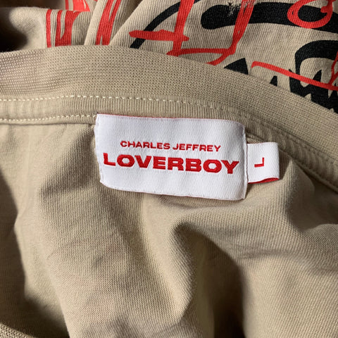 CHARLES JEFFREY LOVERBOY Size L Beige Black Graphic Cotton Crew Neck Pullover