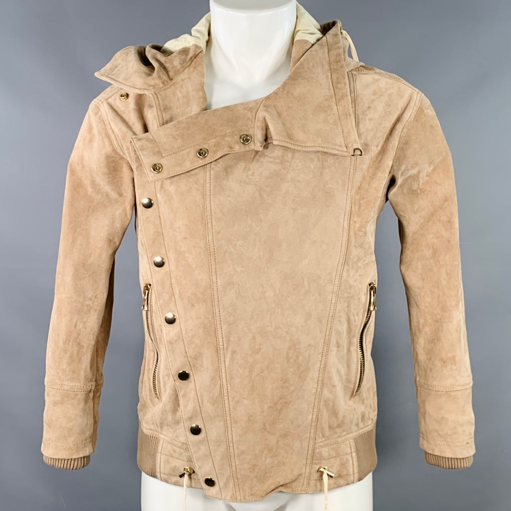 BALMAIN SS16 Size S Beige Calfskin Suede Hooded Asymmetrical Snaps