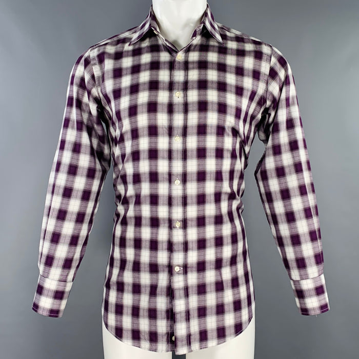 ETRO Size 39 Purple White Plaid Cotton Spread Collar Long Sleeve Shirt