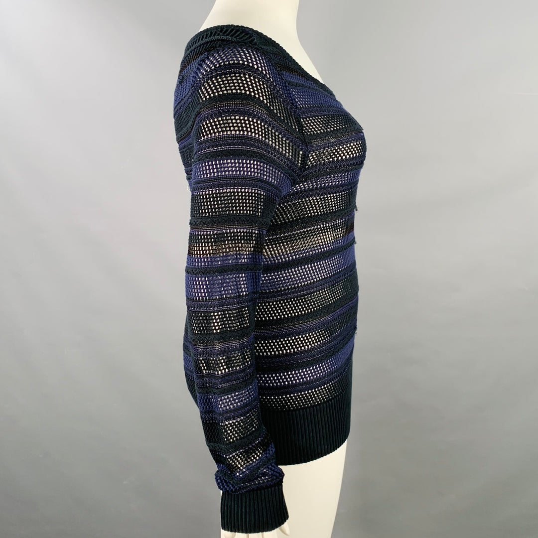 RAG & BONE Size L Navy Black Cotton Blend Textured Stripe Open Knit Pullover