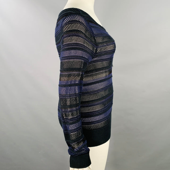 RAG & BONE Size L Navy Black Cotton Blend Textured Stripe Open Knit Pullover