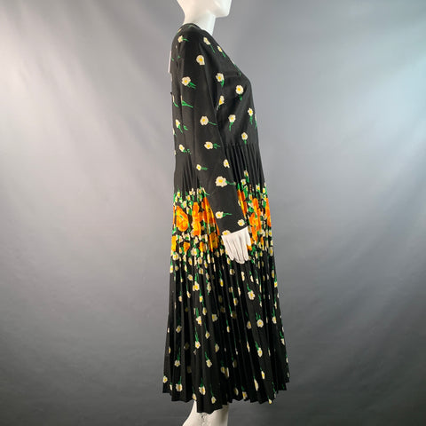 RED VALENTINO Size 8 Black Multi-Color Cotton / Polyester Floral Mid-Calf Dress