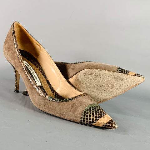 MANOLO BLAHNIK Size 8 Tan Brown Suede Snakeskin Cap Toe Pumps