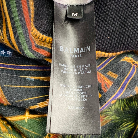 BALMAIN Size M Black Zodiac Horse Print Multi Color Astrology Cotton Hooded Sweatshirt