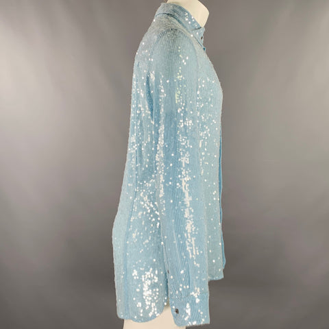 DRIES VAN NOTEN FW22 Size M Blue Light Blue Sequined Viscose Long Sleeve Shirt