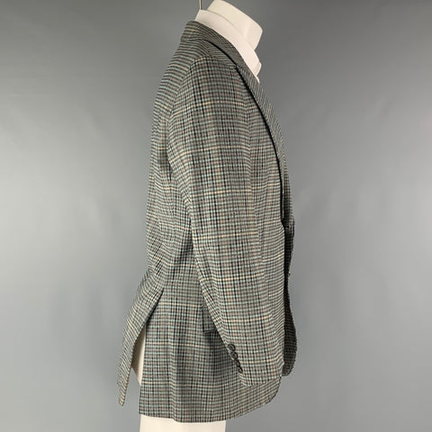 HUGO BOSS Chest Size 38 Grey Navy Plaid Cotton  Elastane Peak Lapel Sport Coat