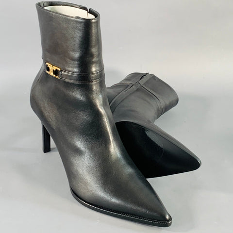 CELINE Size 11 Verneuil Triomphe Black Leather Pointed Toe Stiletto Boots