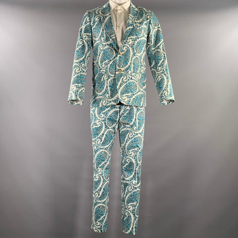 MR TURK Chest Size 40 White Blue Paisley Cotton Blend Notch Lapel 34 28 Suit