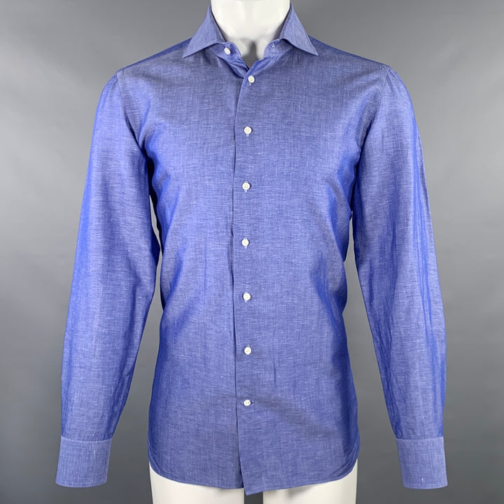 CIFONELLI Size M Blue Cotton Linen Cutaway Collar Long Sleeve Shirt