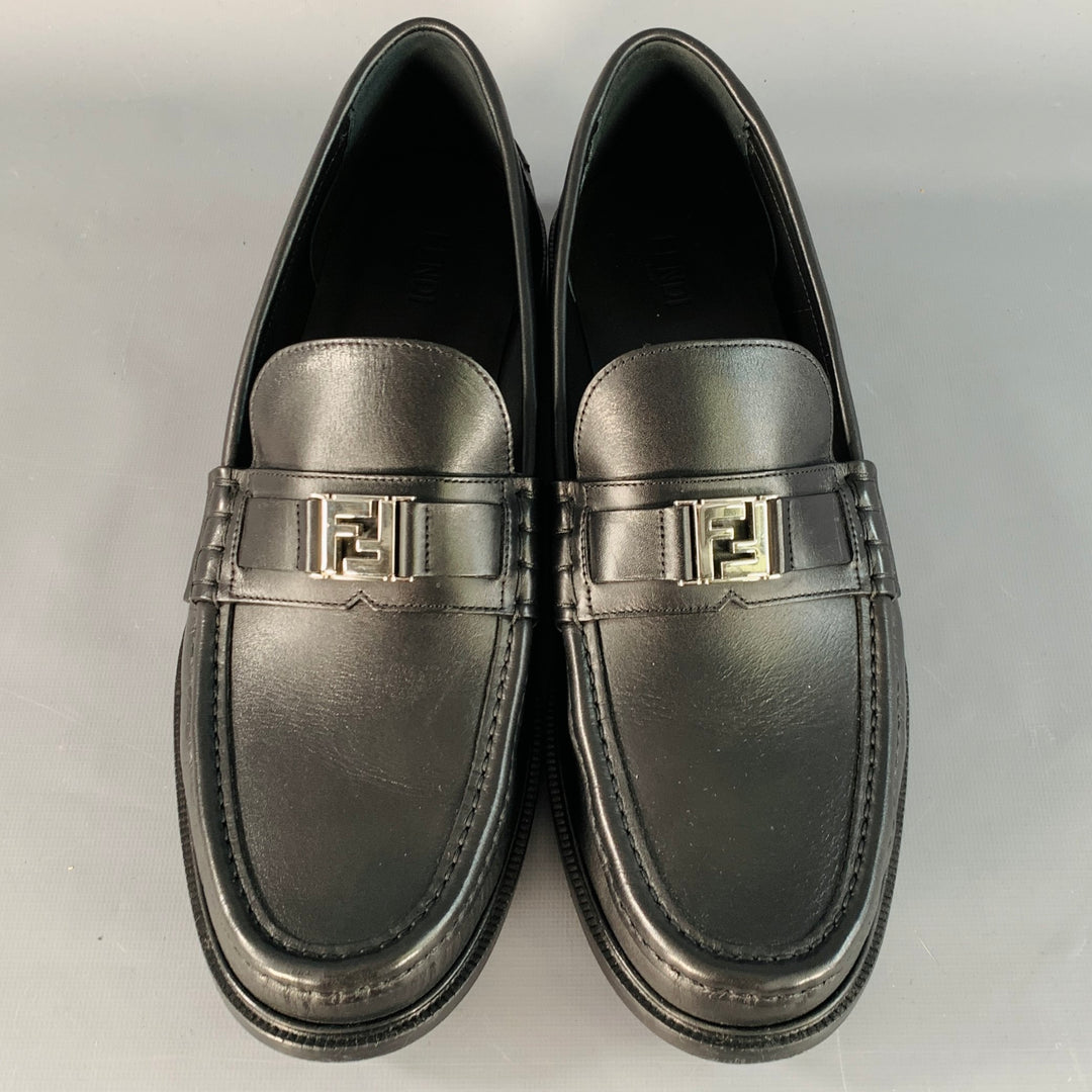 FENDI Size 13 Black Silver Calfskin Leather Monogram Buckle Slip On Loafers