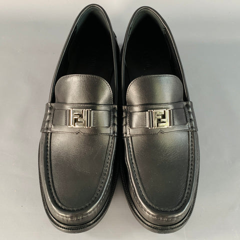 FENDI Size 13 Black Silver Calfskin Leather Monogram Buckle Slip On Loafers