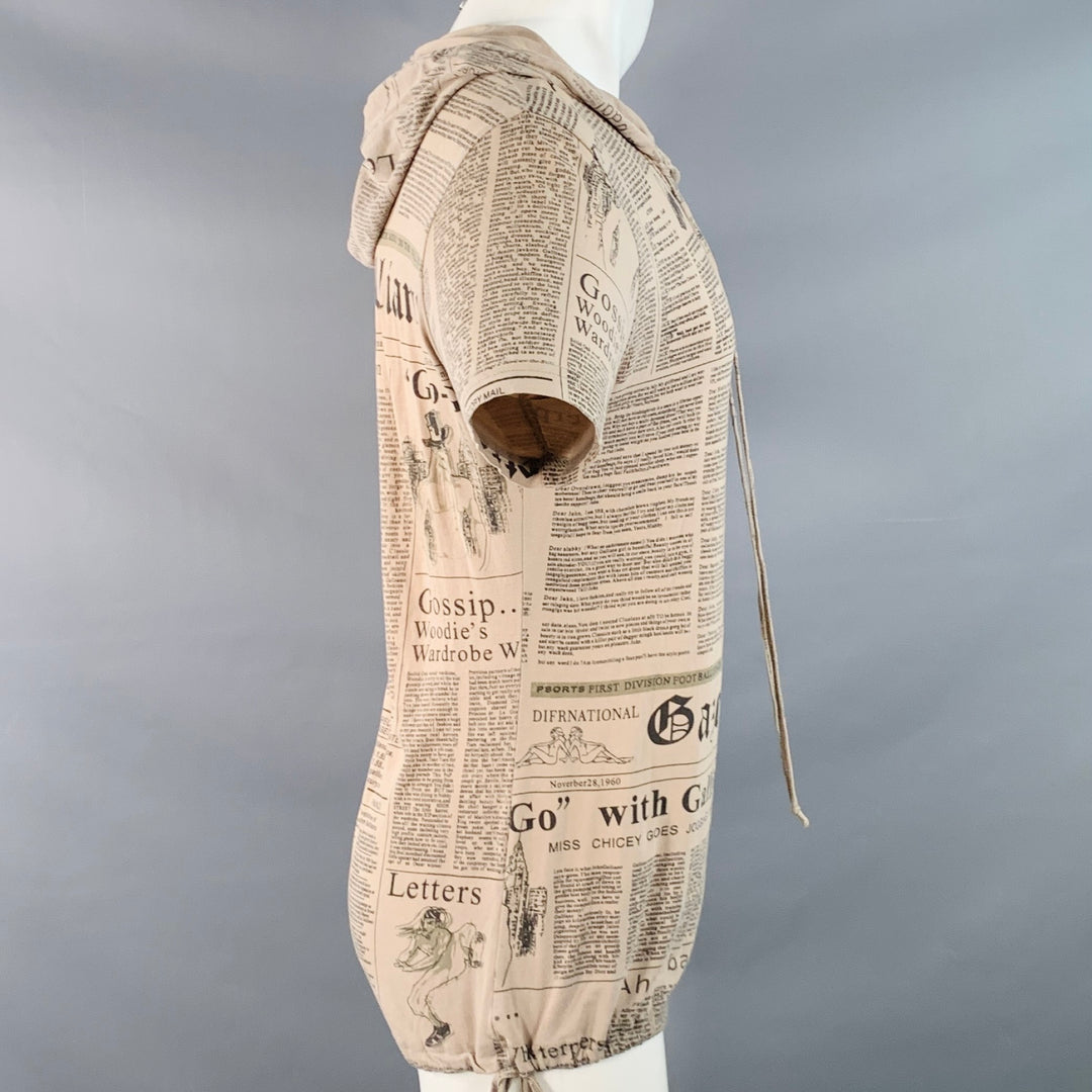 JOHN GALLIANO Size M Khaki Black Newspaper Cotton Blend Jersey Hooded Short Sleeve Shirt