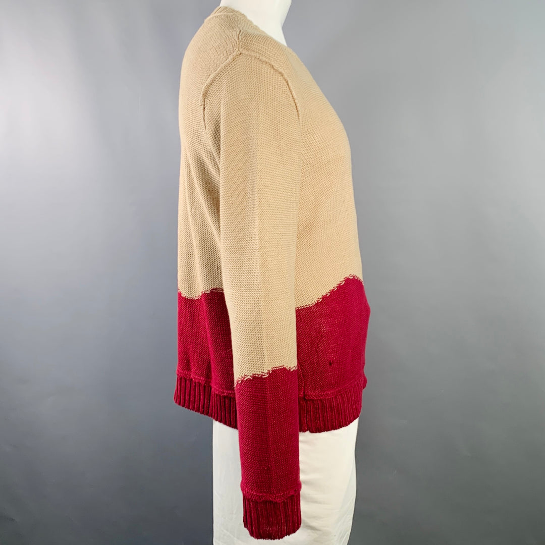 RODARTE for OPENING CEREMONY Size L Beige Red Knit Linen V-Neck Sweater