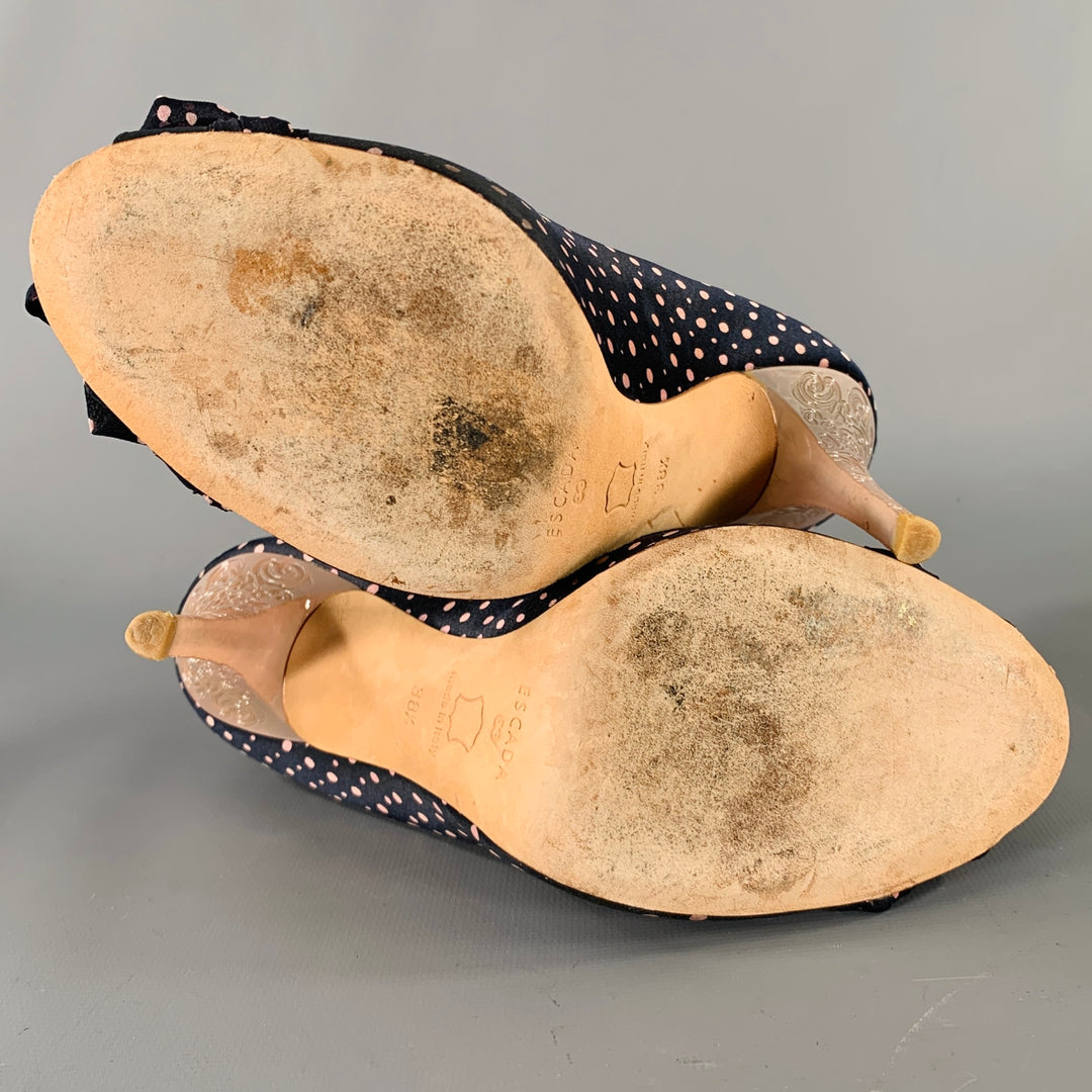 ESCADA Size 8.5 Navy Pink Silk Polka Dot Leather Trim Open Toe Pumps