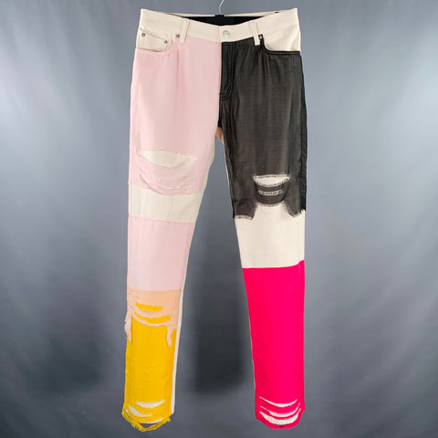 HELMUT LANG Size 32 White Multi-Color Patchwork Cotton Silk Zip Fly Jeans