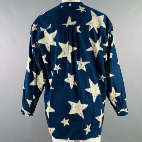 KAPITAL Size L Indigo White Stars Cotton Nehru Collar Long Sleeve Shirt