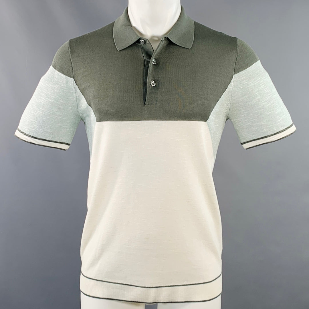 REISS Size S Gerrard Cream Green Color Block Cotton Blend Half Placket Polo