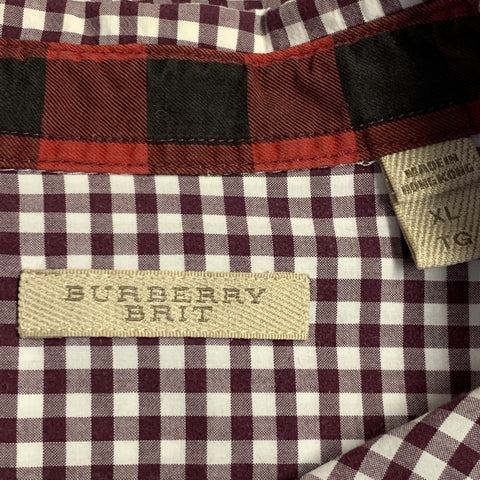 BURBERRY BRIT Taille XL Chemise à Manches Longues en Coton à Carreaux Vichy Blanc Bordeaux