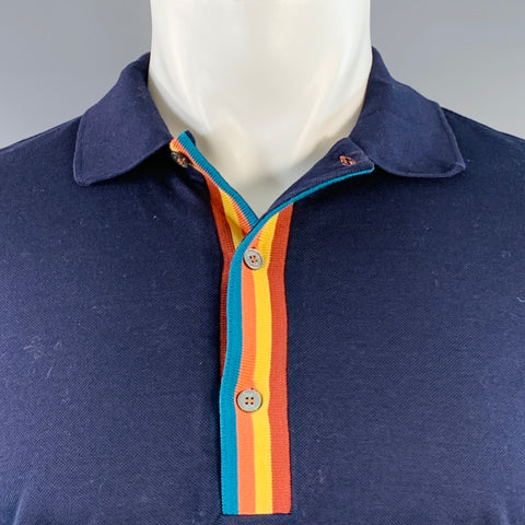 PAUL SMITH Size M Navy Multi Color Striped Trim Cotton Buttoned Polo