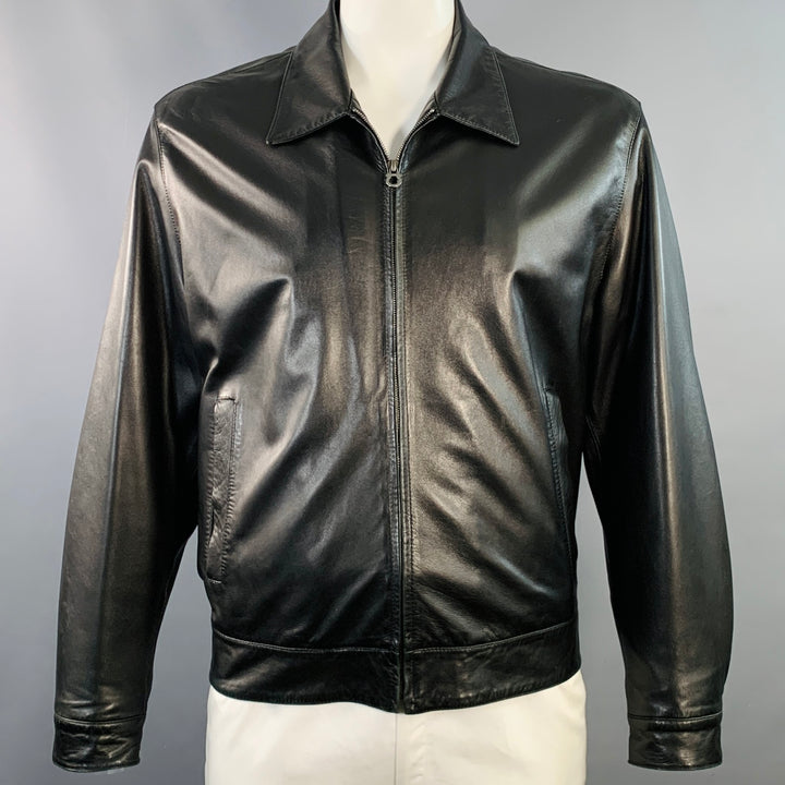 SALVATORE FERRAGAMO Size 42 Black Leather Zip Up Jacket