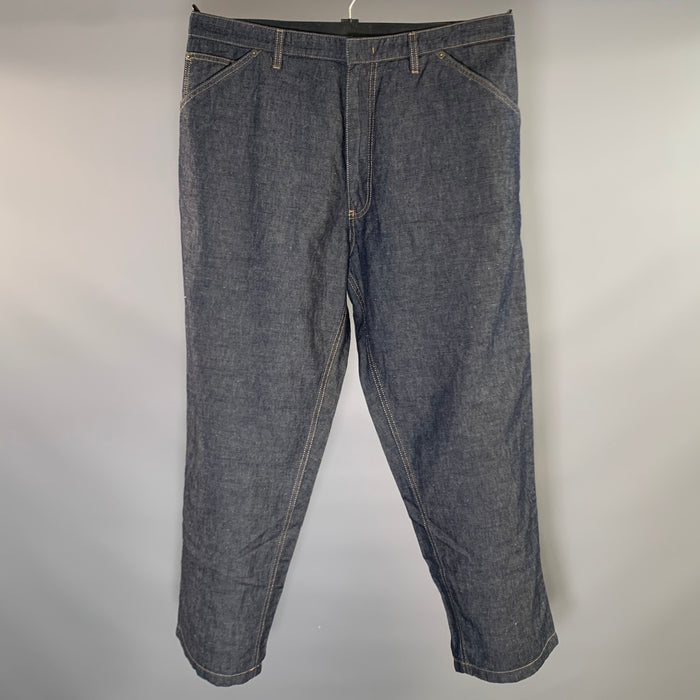 PRADA Size L Blue Indigo Contrast Stitch Cotton Linen Zip Fly Jeans