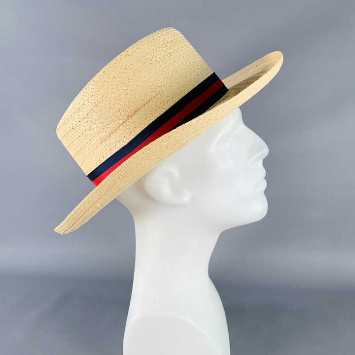 VINTAGE Size L Beige Navy Red Ribbon Trim Woven Straw Hat