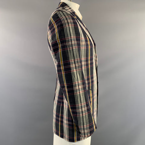 DRIES VAN NOTEN Chest Size 42 Grey Red Plaid Linen & Cotton Sport Coat