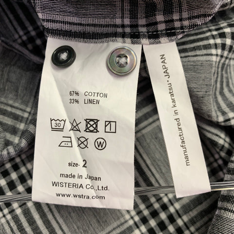 FUJITO Size M Black White Plaid Cotton Linen One Pocket Long Sleeve Shirt