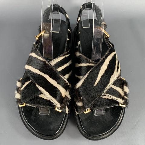 MARNI Size 8 Black White Calf Hair Zebra Sandals