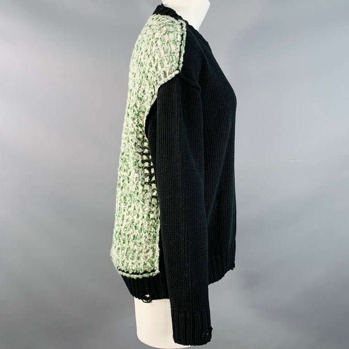 NSF Size XS Black Green White Cotton Blend Distressed Mesh Back Crew Neck Sweater