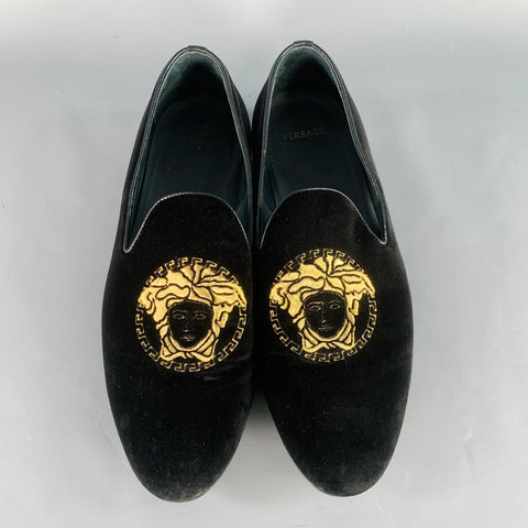 VERSACE Size 9 Black Gold Embroidery Velvet Medusa Head Slip On Loafers