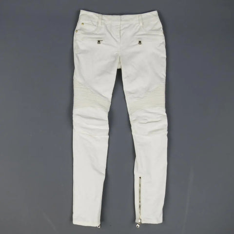 BALMAIN Size 4 White Cotton Gold Zip Moto Jeans BALMAIN