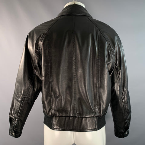 SALVATORE FERRAGAMO Blouson en cuir uni noir à manches raglan Taille 36