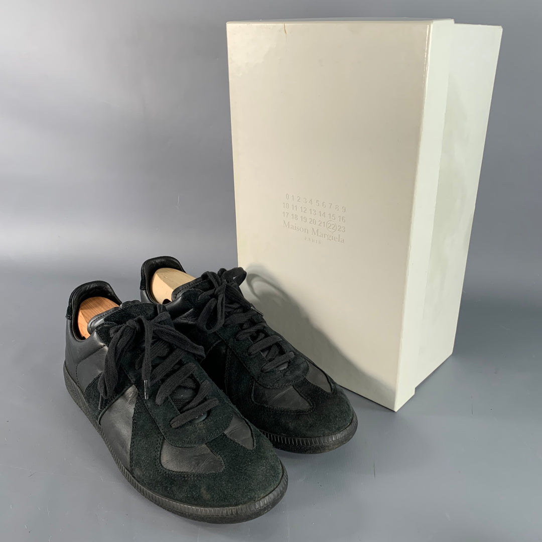 MAISON MARGIELA Size 10 Black Leather Suede Low Top Sneakers