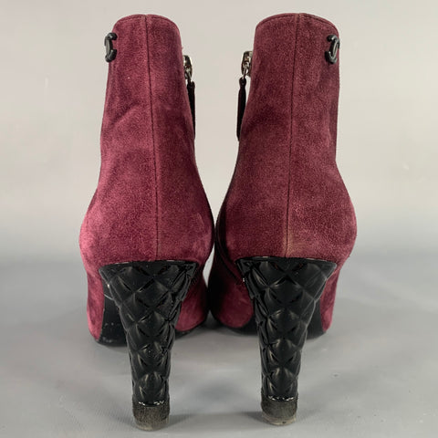 CHANEL Size 8.5 Burgundy Suede Peep Toe Side Zipper Ankle Boots